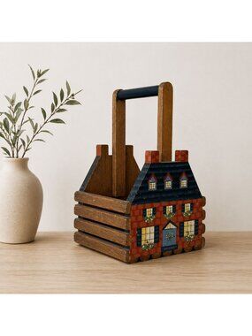 Vintage Wooden House Basket Storage Caddy Folk Art Rustic Farmhouse Primitive